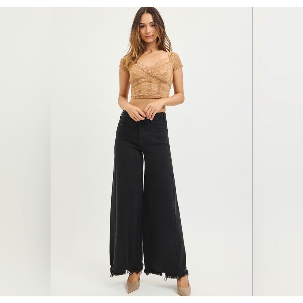 Risen Jeans Wide Leg Jeans‎ Womens 13/31 Black New RDP1025 Raw Hem High Rise